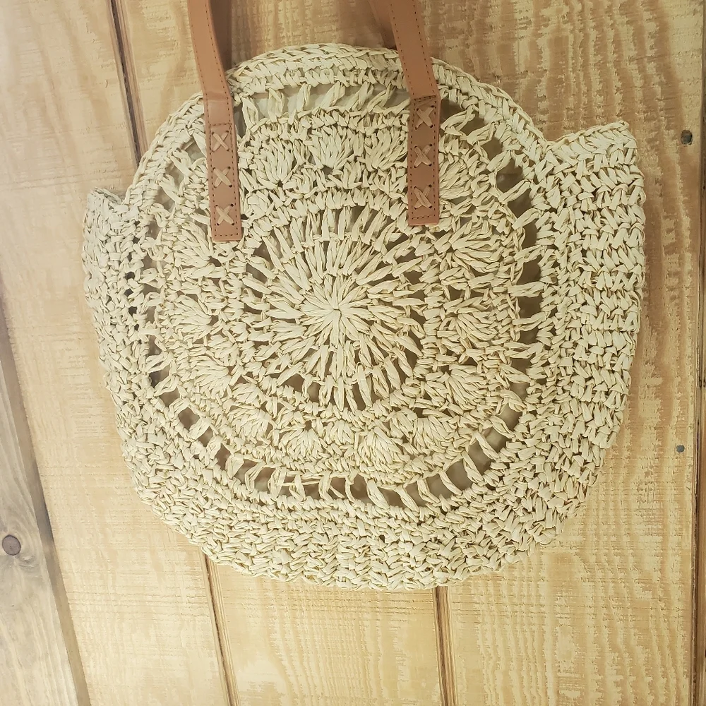 Straw Woven Tote Bag Double Handle Creamy White